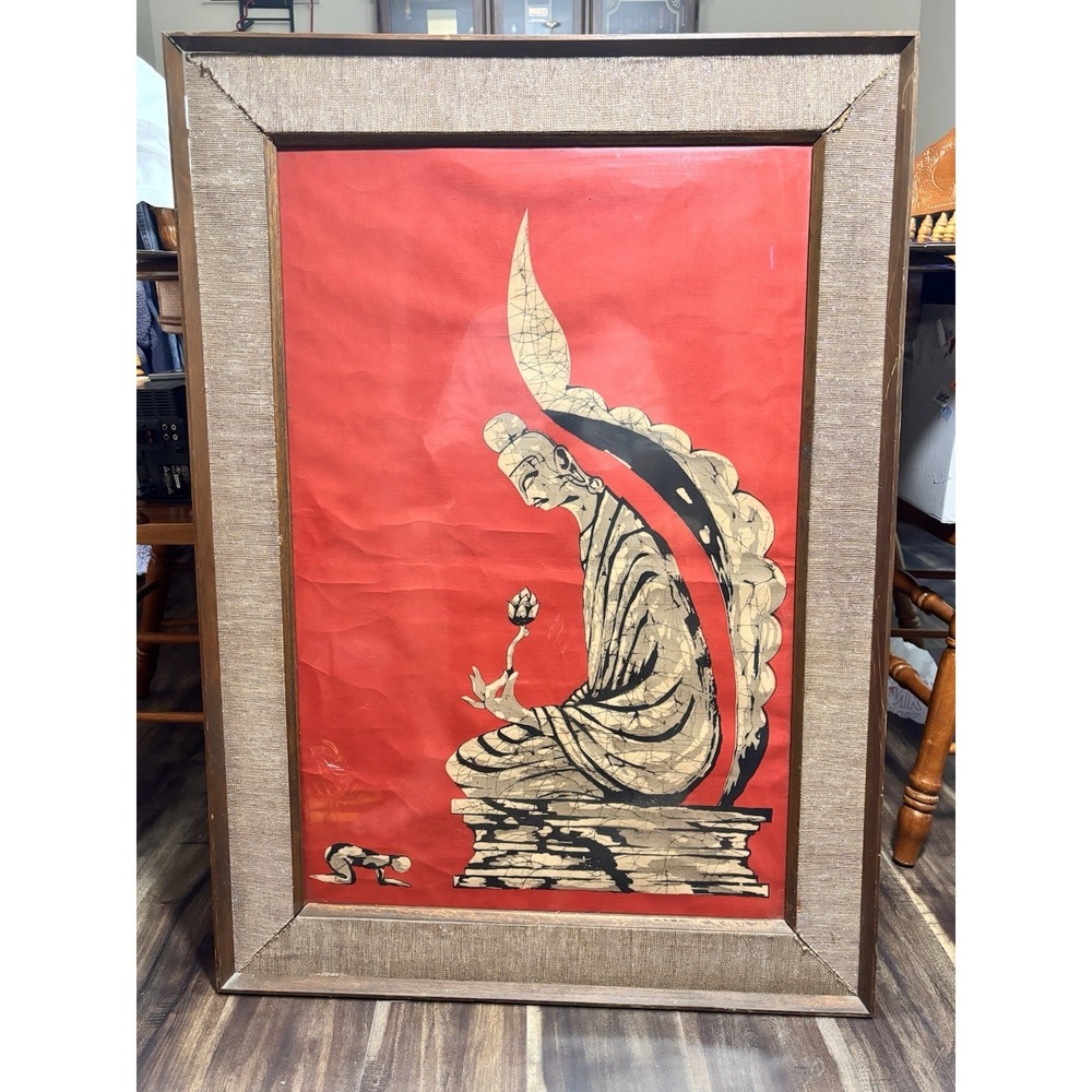 Vintage Thai Buddha Gold Leaf Lacquer Painting 27x38 Framed Red Silk Art